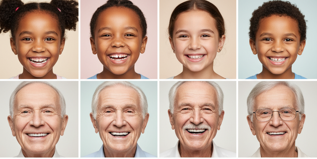 Una griglia di sedici ritratti di persone di diverse età ed etnie che sorridono verso la fotocamera.