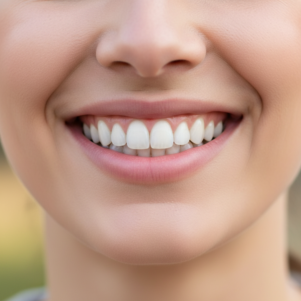 Primo piano del sorriso luminoso di una donna con denti bianchi e allineati.