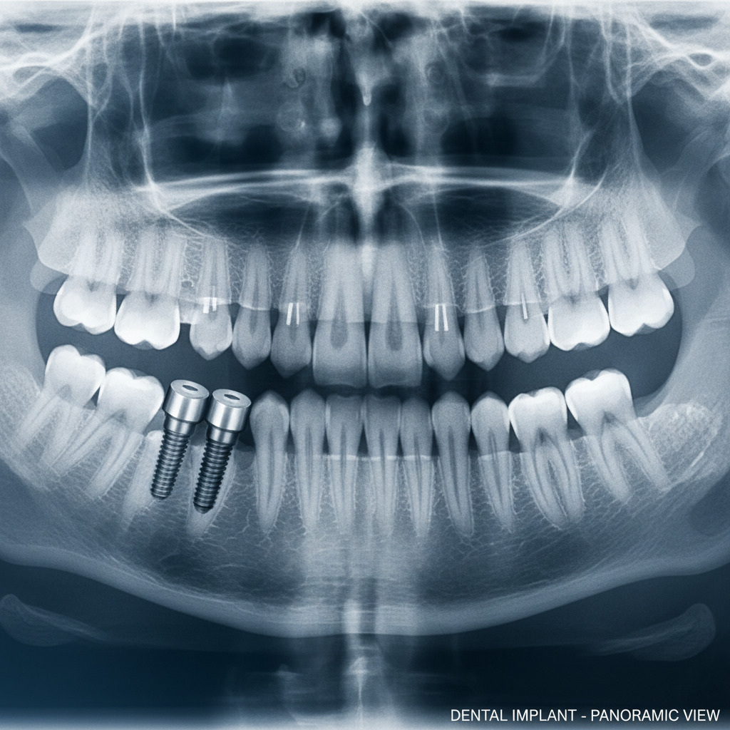 Radiografia panoramica dentale che mostra due impianti dentali inseriti nella mandibola inferiore.